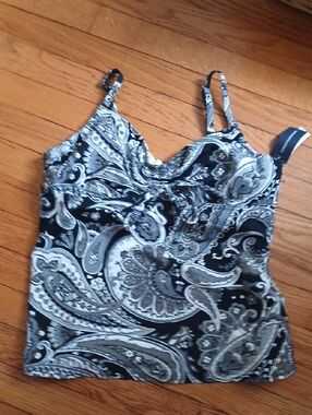 NWT Lands' End Beach Living  Black and Gray Paisley Swim Top ■ Size 14
